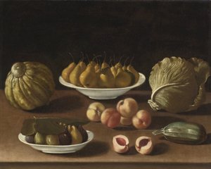 Stilleben med pærer, ferskner, figner, en melon, kål og marv