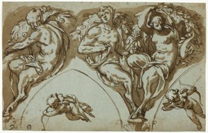 Studie til spandreldekoration med satyrinde, satyrer og putti (recto); Puttos hoved (verso) af Paolo Farinati