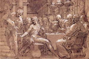Sankt Gregors nadver, tegning af Paolo Farinati (1524-1606), gråbrun akvarel, kuglepen, blyhvid og sort blyant, Italien