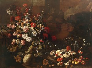 Stilleben med blomster, frugt, svampe og fugle (olie på lærred)