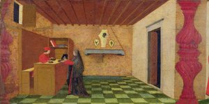 Predella af vanhelligelse af værten: Den kristne kvinde tvunget til at indløse sin kappe til prisen for den indviede vært af en jødisk pantelåner, ca. 1467-69 (tempera på panel) (detaljer) af Paolo Uccello