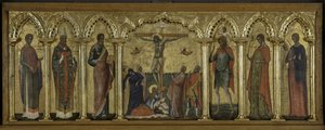 Sankt Stratonicus, Sankt Hermolaus, Sankt Matthæus, Sankt Cristopher, Sankt Thecla og Sankt Abundius, Polyptykon om korsfæstelsen med hellige af Paolo Veneziano
