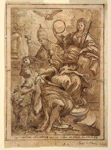 Tegning, Kirken triumferer over falskhed, ca. 1700