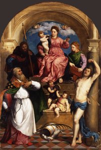 Tronet Madonna med barn og hellige, ca 1530 af Paris Bordone