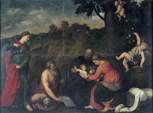 Den hellige familie med de hellige Jerome, Katarina af Alexandria og engle (olie på lærred) af Paris Bordone