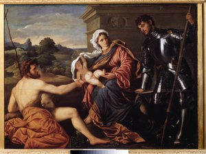 "Madonna and Child, Saint John the Baptist and Saint George" (Madonna and Child, Saint John the Baptist and Saint George) Maleri af Paris Bordon eller Bordone (1500-1571) omkring 1530 Pouchkine Museum, Moskva af Paris Bordone