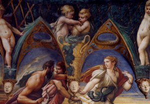 Actaeon med sine ledsagere, detaljer fra Myth of Diana and Actaeon, omkring 1524, af Francesco Mazzola, kendt som Parmigianino (1503-1540), fresco, Room of Diana and Actaeon, Rocca Sanvitale, Fontanellato, nær Parma, Emilia-Romagna, Italien af Parmigianino