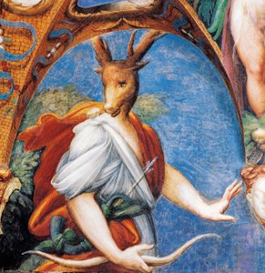 Actaeons transformation til hjort, fra Myth of Diana and Actaeon, omkring 1524, af Francesco Mazzola kendt som Parmigianino (1503-1540), fresco, Room of Diana and Actaeon, Rocca Sanvitale, Fontanellato, nær Parma, Emilia-Romagna, Italien af Parmigianino