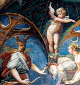 Diana forvandler Actaeon til en kronhjort, detalje fra Myth of Diana and Actaeon, ca. 1524, af Francesco Mazzola, kendt som Parmigianino (1503-1540), fresco, Room of Diana and Actaeon, Rocca Sanvitale, Fontanellato, nær Parma, Emilia-Romagna, Italien