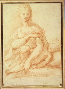 Jomfruen leger med barnet på sit skød (rødt kridt på hvidt papir) af Parmigianino
