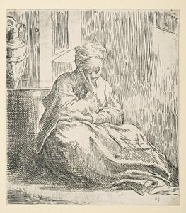 Kvinde siddende på jorden, kendt som Saint Thais (ætsning) af Parmigianino