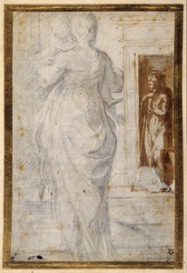 Bagfra af en kvinde, der bærer et barn; en mand, der læner sig op ad sin stav, venter i en døråbning (sort kridt med kuglepen & brunt blæk & sløjfevask på hvidt papir) af Parmigianino