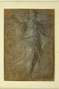 Minerva med et skjold i venstre hånd, en lanse i højre (metalspids på forberedt gullig grund) af Parmigianino