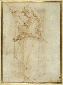 Gammel kvinde med en distaff, stående foran en pejs (pen & brunt blæk på hvidt papir) af Parmigianino