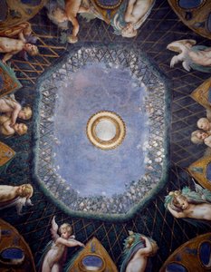Putti og glimt af himlen, omkring 1524, af Francesco Mazzola, kendt som Parmigianino (1503-1540), freskomaleri, hvælving af Room of Diana og Actaeon, Rocca Sanvitale, Fontanellato, nær Parma, Emilia-Romagna, Detail, Italien af Parmigianino