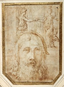 Selvportræt, pålagt forundersøgelser for to canephori af Steccata (pen & brunt blæk på hvidt papir) af Parmigianino