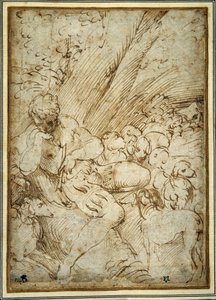 Hyrdedreng, der holder en pibe, hviler under et træ med sin hund blandt deres flok (pen og brunt blæk på papir) af Parmigianino