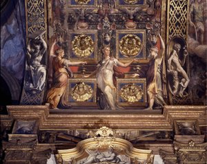 Tre af de fem skøre jomfruer. Detalje af Francesco Mazzolas (1503-1540) fresker, kendt som Parmigianino (Parmesan), der udsmykker hovedhvælvingen i det store kapel i Madonna della Steccata-kirken i Parma. af Parmigianino