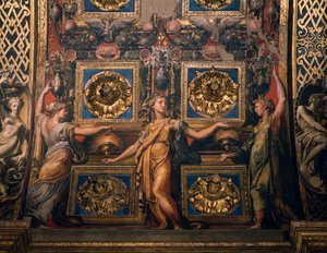 Tre kloge jomfruer, detalje af Tre kloge jomfruer og tre tåbelige jomfruer, af Francesco Mazzola kendt som Il Parmigianino, fresco, undersiden af buen af præsbyteriet, helligdommen Santa Maria della Steccata, Parma, Emilia-Romagna. Italien af Parmigianino
