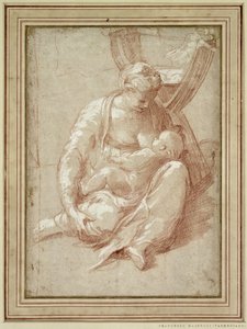 Jomfru sidder på jorden og ammer barnet af Parmigianino