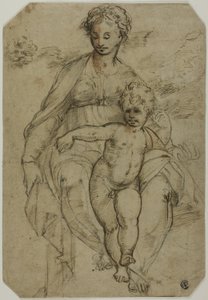 Jomfru og Barn (recto); Skitse af tre hellige og karikaturskitse (verso) af Parmigianino