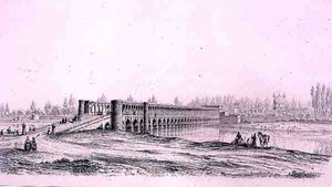 Allah Verdi Khan Bridge, i Isfahan, fra "Voyage Pittoresque" af Persien, graveret af Claude Sauvageot (1832-85) udgivet af Lemercier, Paris af Pascal Xavier (after) Coste