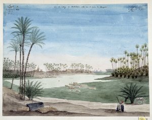 Egypten: Udsigt over landsbyen Metriham nær Memphis. 1819 Tegning af Pascal Coste (1787-1879) Museum of Mediterranean Archaeology, Marseille af Pascal Xavier (after) Coste