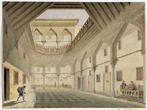 Udsigt over det indre af en caravanserail, hjemsted for Azir Osman Agha. Akvarel af Pascal Coste (1787-1879) Museum of Mediterranean Archaeology, Marseille