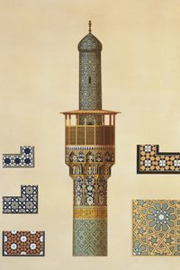 En minaret og keramiske detaljer fra moskeen i Medrese-i-Shah-Hussein, Isfahan, plade 24-25 fra 
