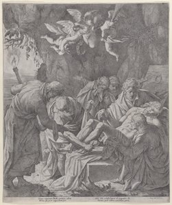 Kristus bliver lagt i graven, mens Jomfruen står og græder bagved, 1600-30., 1600-30. af Pasquale Ottino