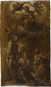 Jomfru og barn i herlighed med helgenerne Sebastian, Johannes Evangelisten og Roch, ca. 1610 (olie med grafit (lakeret) på cremefarvet lagenpapir) af Pasquale Ottino