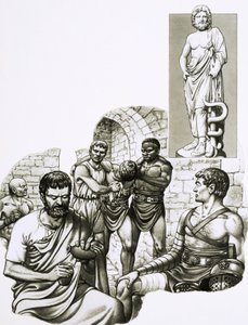 En læge ved gladiatorkampene lapper overlevende sammen