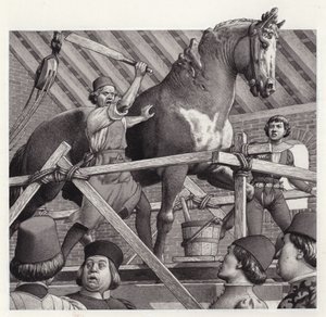 Andrea Verrocchio smadrer hovedet fra sin statue af en hest (gouache på papir)