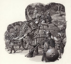 Pansret elefant fra den kinesiske hær (gouache på papir)