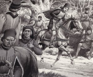 Sammensvorne ser på, mens Lorenzo de Medici rider forbi (gouache på papir)