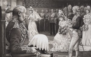 Debutanter præsenteres for Edward VII (1844-1925) og dronning Alexandra (1841-1910) (gouache på papir)