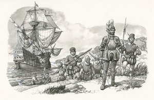 De første europæere ankom til Californien (gouache på papir)