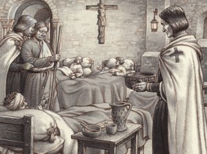 Godfrey de Bouillon ser benediktinermunke tage sig af de sårede (gouache på papir)