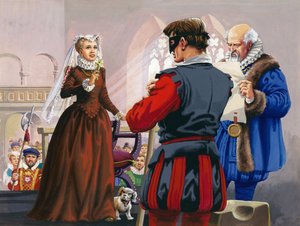 Mary Queen of Scots på vej til at blive halshugget på Fotheringay Castle (gouache på papir)