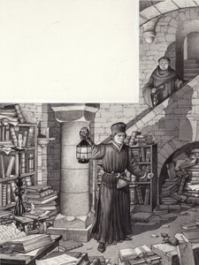 Poggio Bracciolini i det forsømte bibliotek i klosteret St Gall (gouache på papir)