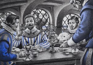 Sir Francis Drake (1540-96) ved bordet (gouache på papir)