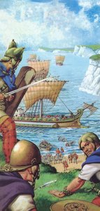 Romerne invaderer Britannien (farvelitografi)