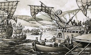 Romerne under Julius Cæsar gik i land i Dover i 55 f.Kr. efter en hård kamp.
