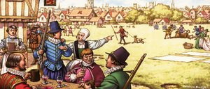 Uidentificeret scene fra det 17. århundrede med mænd, der drikker på en kro ved en fælled
