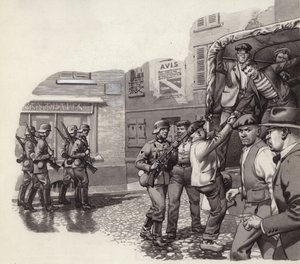 En tysk soldat hjælper fanger med at flygte fra en lastbil (gouache på papir)