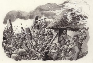 En romersk legion stormer Maiden Castle (gouache på papir)