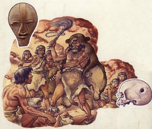 En stenalderlæge driver den djævel ud, der gør hans medmennesker syge (gouache på papir)