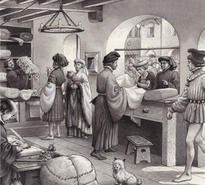 En tøjkøbmands butik i renæssancens Italien (gouache på papir)