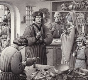 En guldsmedeforretning i Italien i det 15. århundrede (gouache på papir)
