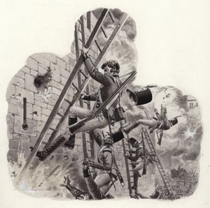 Britiske soldater under beskydning af franskmændene under angrebet på Badajoz (gouache på papir) af Pat (1907 95) Nicolle